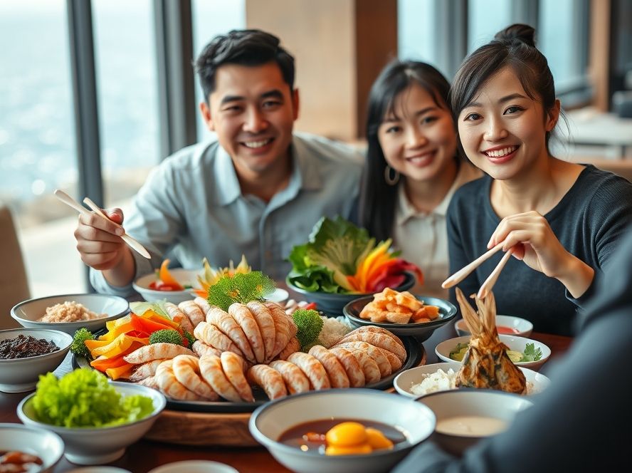 해운대 오션뷰를 배경으로 신선한 회와 해산물 코스 요리