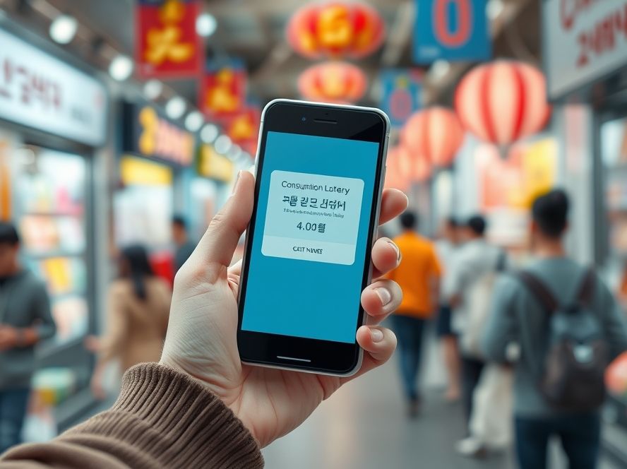 일상 소비로 얻을 수 있는 추가 혜택인 '소비복권' 당첨을 확인하며 기뻐하는 한국인의 손.