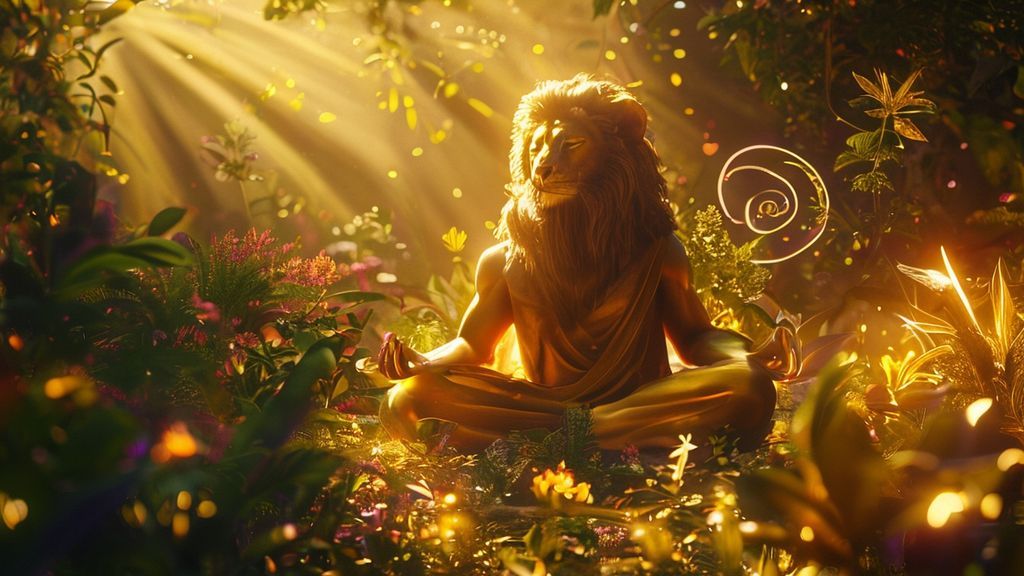 A Leo figure bathed in golden sunlight, meditating in a lush, vibrant garden. Glowing plants and swirling herbal essences surround them, emanating tranquility. Cinematic lighting, ethereal style, 4k.