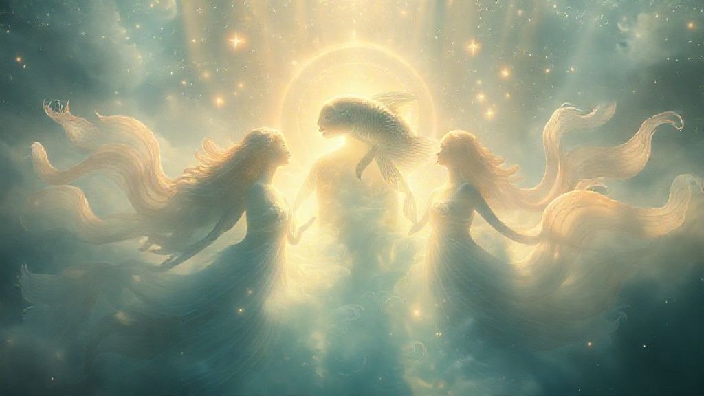 A Pisces figure bathed in soft, celestial light, surrounded by flowing, watercolor-like figures representing friends and partners. Career symbols glow gently. Mystic, ethereal, 4k, cinematic lighting.