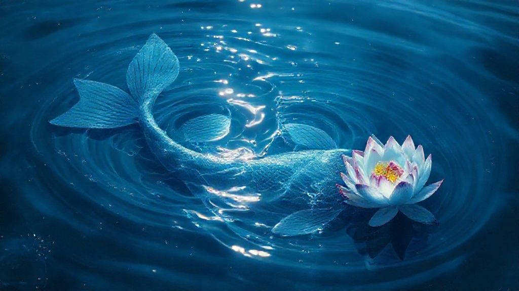 A Pisces soul, submerged in shimmering, indigo waters. Fractured reflections of a past relationship swirl, illuminated by ethereal moonlight. Healing lotus blossoms emerge.