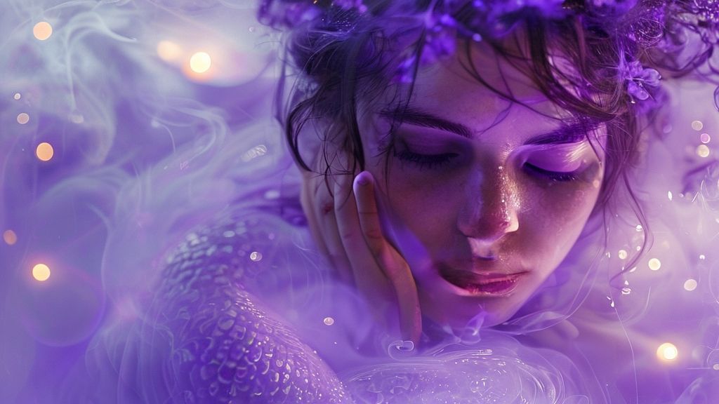 A Pisces woman bathed in lavender light, surrounded by swirling mists. Pottery glows softly. Scene embodies stress melting away, embracing ethereal tranquility and healing.