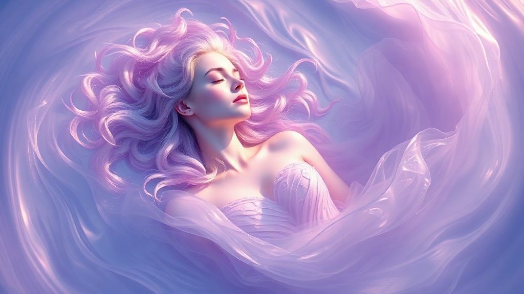 A Pisces woman, bathed in lavender light, surrounded by swirling iridescent colors. She's floating, eyes closed, heart open, receiving love and abundance. Ethereal, dreamy, mystical.