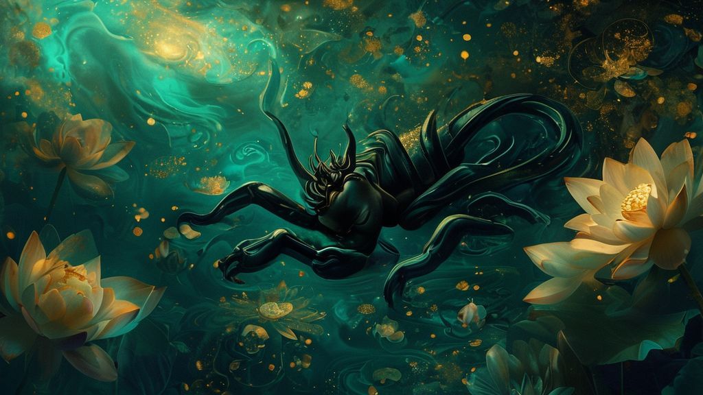 A Scorpio soul descending into swirling indigo and emerald depths, embraced by soft golden light. Lotus flowers bloom amidst the shadows, signifying inner peace and release. Cinematic, ethereal.
