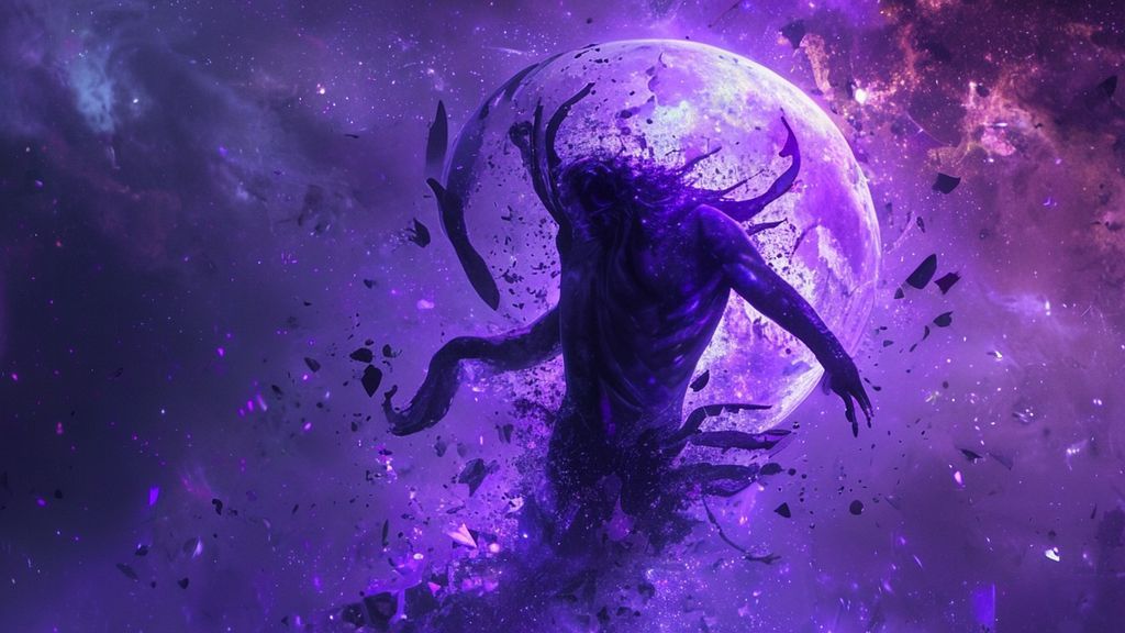 A Scorpio spirit rising. A lone figure bathed in moonlit violet hues, transforming against a cosmic backdrop. Shattered obsidian giving way to vibrant, glowing inner self. Mystic, ethereal.