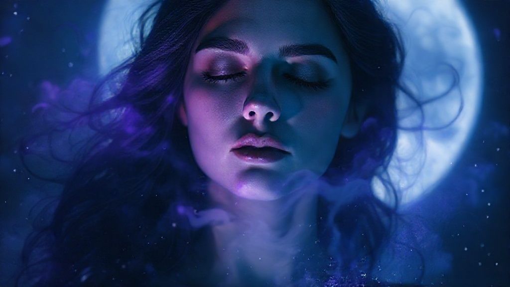 A Scorpio woman bathed in ethereal moonlight, eyes closed in introspection. Deep indigo hues blend with swirling violet, illuminating her aura. Cosmic dust and shadows dance, reflecting inner release and power.