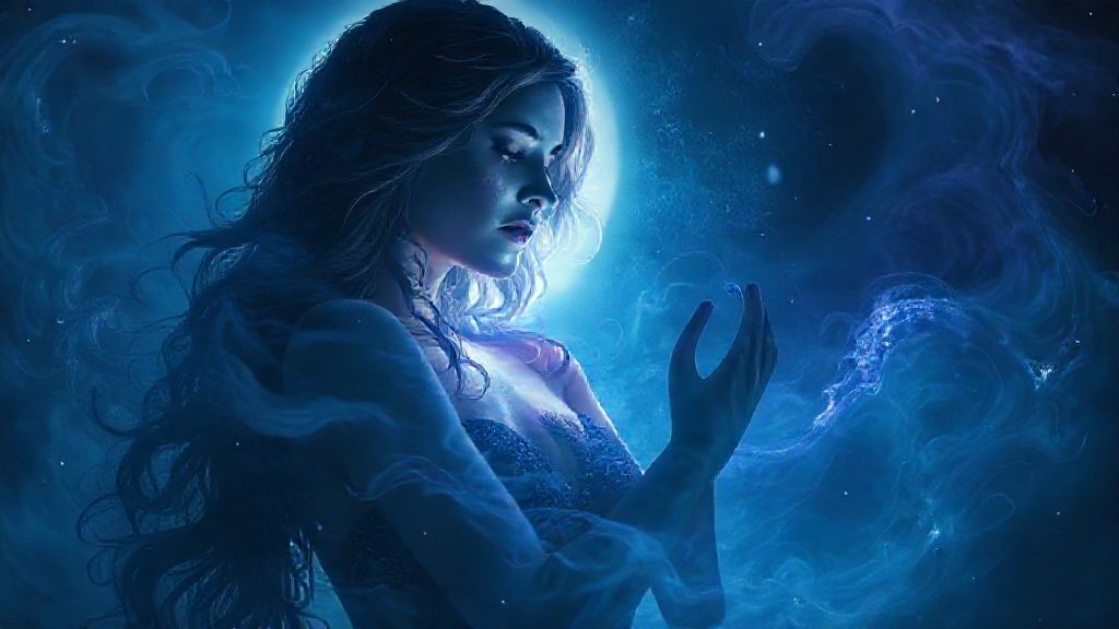 A Scorpio woman bathed in moonlight, embracing her shadow self. Ethereal, swirling blues and purples. Cosmic connection visualized. Cinematic, 4k.