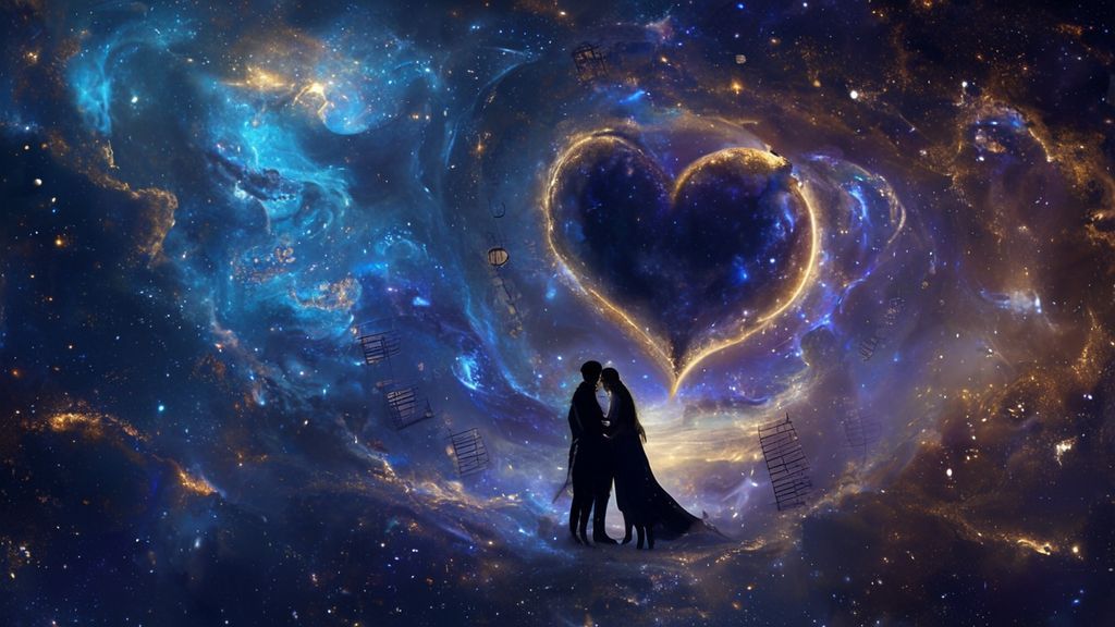 A Scorpio's heart glows amidst a celestial, swirling nebula of deep blues and violet, illuminated by a crescent of silvery 'quasi moon' light. Financial ledgers shimmer gold. A couple embraces, bathed in ethereal light.