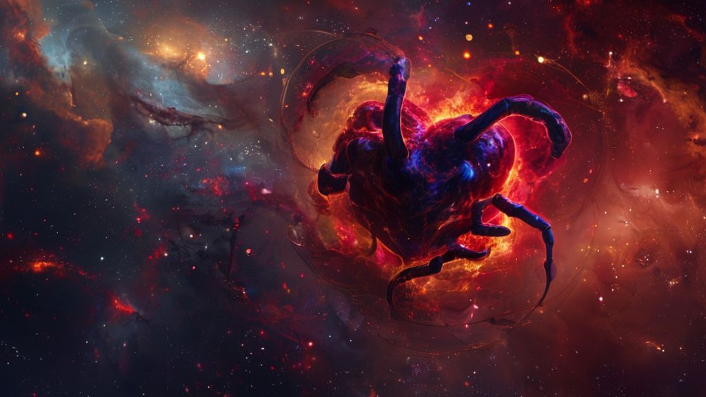 A Scorpio's heart glows amidst swirling nebulae, bathed in moonlight. Deep crimson and sapphire hues blend, symbolizing passion and transformation. Golden threads weave through, representing strategic partnerships and passive income opportunities.