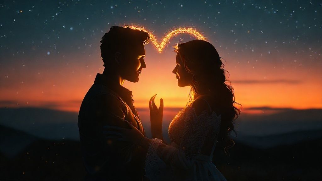 A Scorpio's heart glows amidst twilight. Ethereal, shimmering light bathes a romantic embrace. Whispers of friendship circle as gold dust against a deep, starry sky.