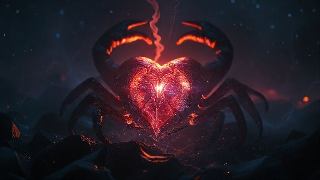 A Scorpio's heart, forged in twilight, glows with hidden depths. Veins of starlight pulse through obsidian, reflecting a Plutonian flame. Mystic, ethereal, 4k, cinematic lighting.