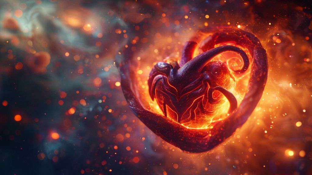 A Scorpio's heart, glowing warmly. Soft light caresses a swirling nebula of connected souls, each a unique color, subtly embracing. Ethereal, mindful, and romantic. 4k cinematic.