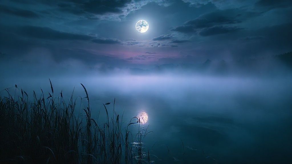 A Scorpio's hidden oasis. Moonlight bathes a secluded, misty lake. Reeds whisper secrets. Deep blues and purples blend, reflecting a serene, ethereal sky, embracing inner peace. Mystic, 4k, cinematic.