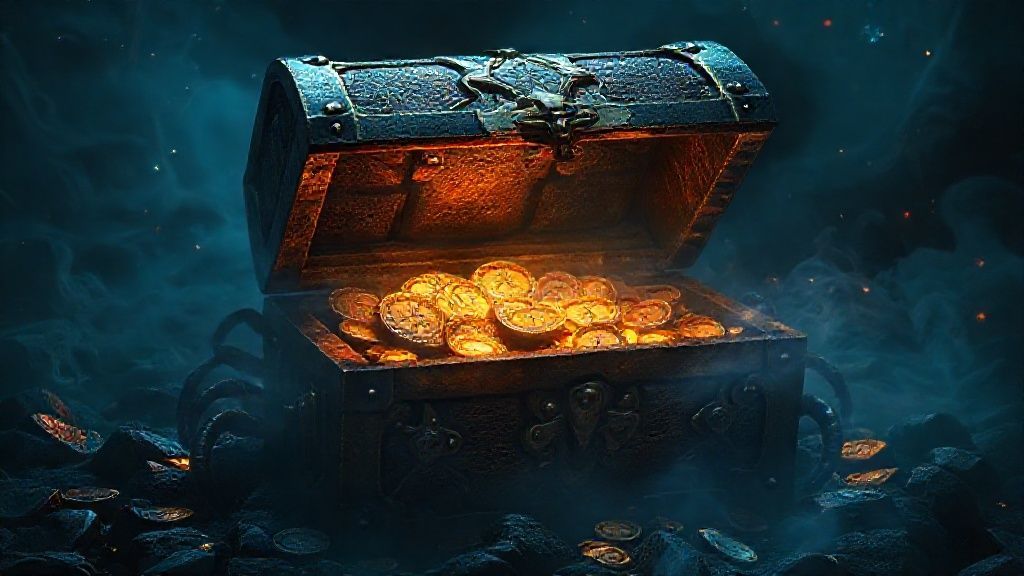 A Scorpio's treasure chest aglow, guarded by shadows. Inside, shimmering coins and cryptic charts reflect a cosmic dance. Moody blues, deep golds, and hints of fiery red. Ethereal, cinematic.