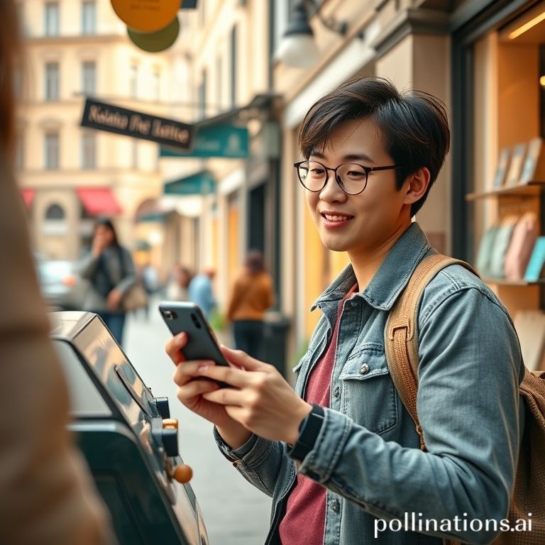 A traveler seamlessly using Kakao Pay for a tap-and-go payment at an overseas store, showcasing payment convenience.