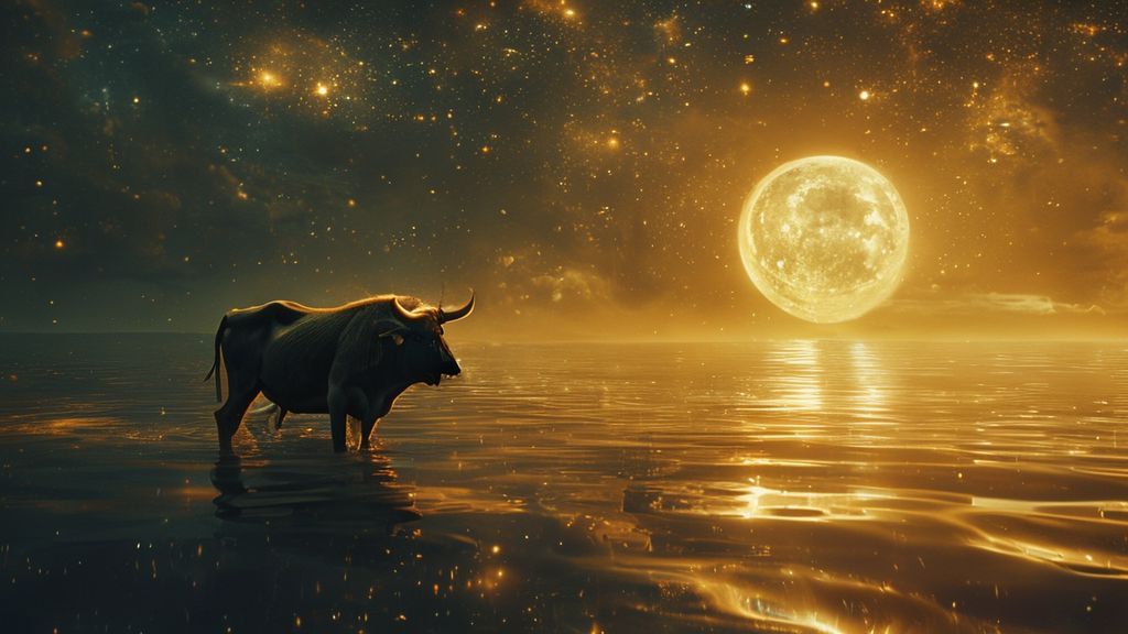 A Taurus bull bathed in golden light, overlooking a vast, starry Pisces ocean reflecting Saturn's subtle, grey structure. Mystic, ethereal, 4k, cinematic.