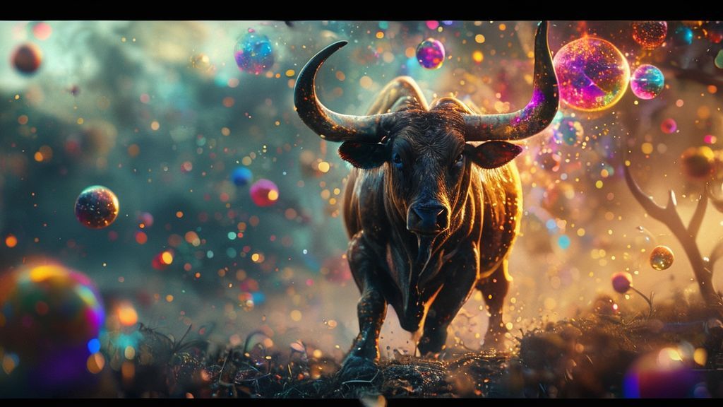 A Taurus bull, roots anchoring it to earth, reaching towards celestial orbs. Ethereal light fractures, illuminating internal imbalances as colorful, floating orbs. Cinematic, 4k.
