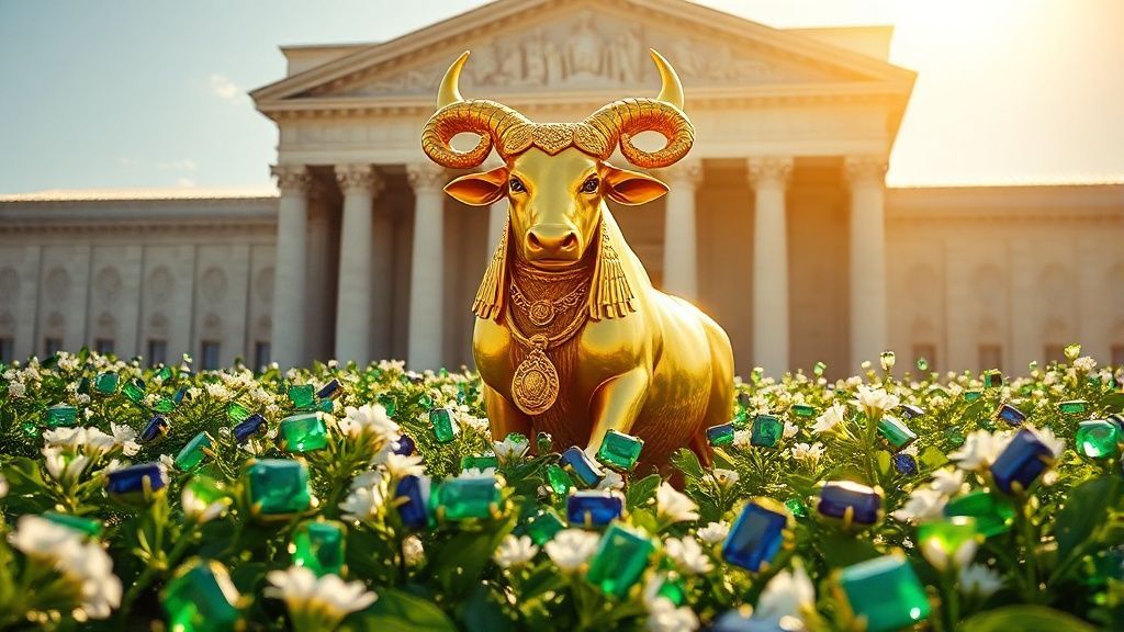 A Taurus figure, glowing gold, amidst a blooming field of emerald and sapphire jewels. Golden sunlight bathes a grand, yet grounded, building of marble, reflecting wealth and security.