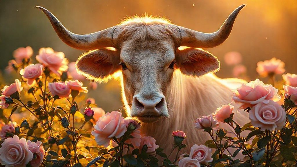 A Taurus, illuminated by soft golden light. They are surrounded by blooming roses, their petals reflecting the warm glow. A subtle, cosmic aura blends into the scene.