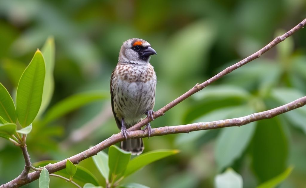 A Timor zebra finch perched on a branch in a lush habitat.