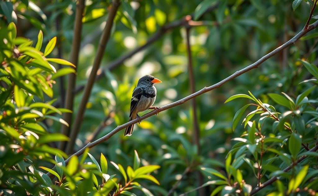 A Timor zebra finch perched on a branch in a natural habitat.