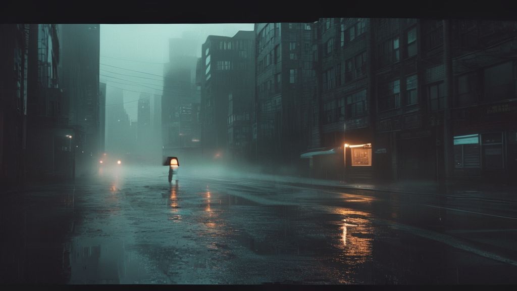 A Vancouver cityscape shrouded in perpetual, misty grey. A single, illuminated window glows warmly, casting a soft light against the somber, rain-slicked streets. Mystic, ethereal, 4k, cinematic lighting.