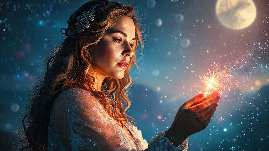 A Virgo woman, bathed in ethereal moonlight, paints a vibrant vision board with cosmic hues. Sparkling dust motes illuminate reflections of past achievements and future aspirations in a mystical, cinematic 4k scene.