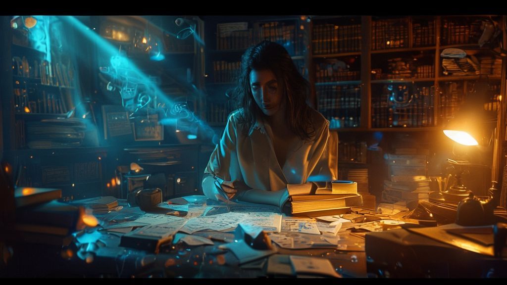 A Virgo's analytical mind illuminated. Nancy, in a dimly lit study, surrounded by scattered clues, glowing spectral patterns. Intense blue and amber light, ethereal glow. Mysterious, cinematic.