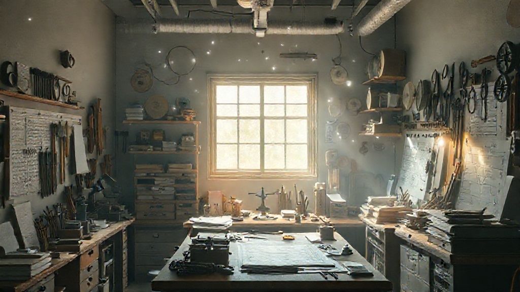 A Virgo's meticulously organized workspace, bathed in soft, ethereal light. Floating blueprints and tools shimmer, reflecting a sense of inner peace and ambition within a mystical atmosphere.