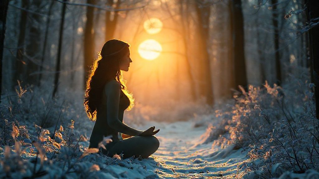 A Virgo's silhouette, bathed in soft moonlight, meditating amidst a snowy forest clearing. Warm golden light emanates from within, illuminating a path of delicate, frosted leaves. Ethereal, dreamlike quality.