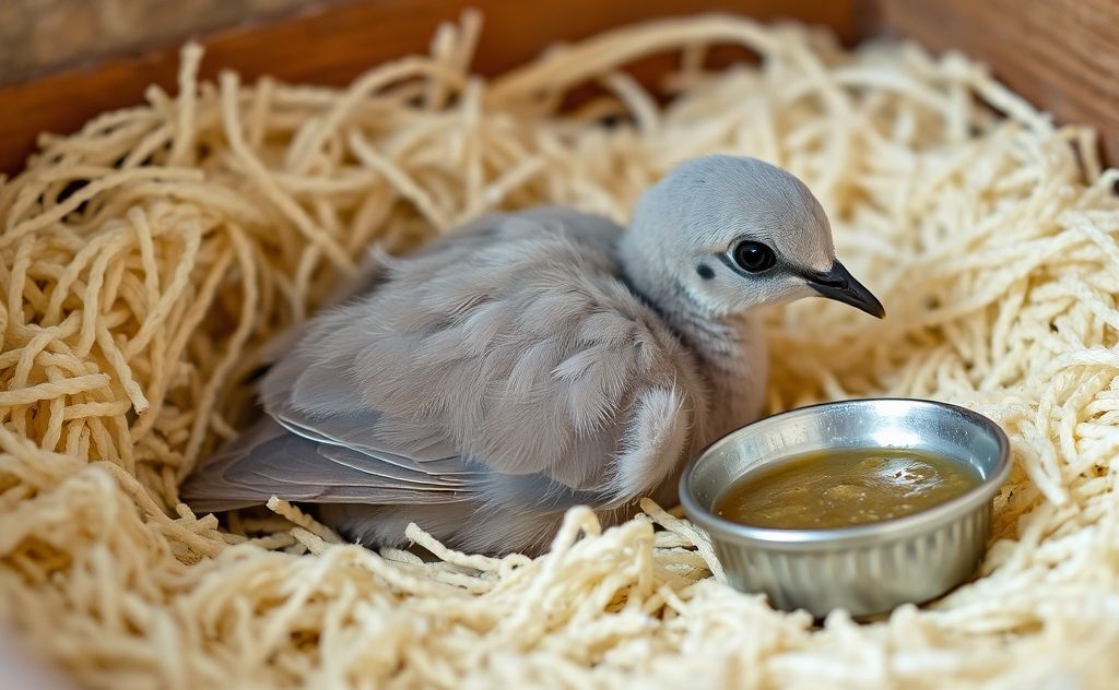 A baby dove nestled in soft bedding with a small food dish nearby.