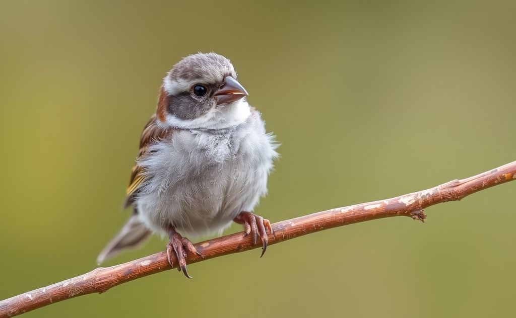 A baby sparrow learning to eat seeds on a branch.
