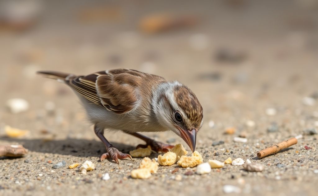 A baby sparrow pecking at crumbs on the ground.