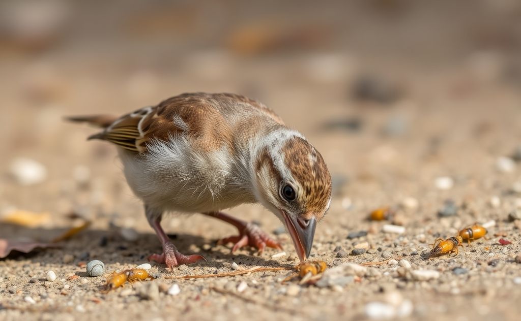 A baby sparrow pecking at small insects on the ground.