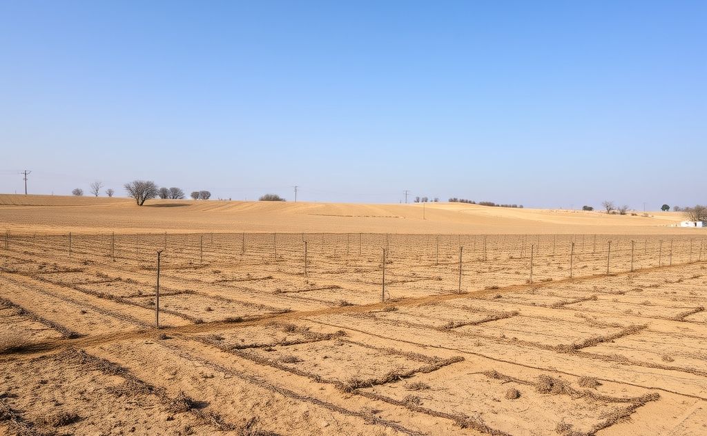 A barren agricultural landscape with empty fields and dead crops.