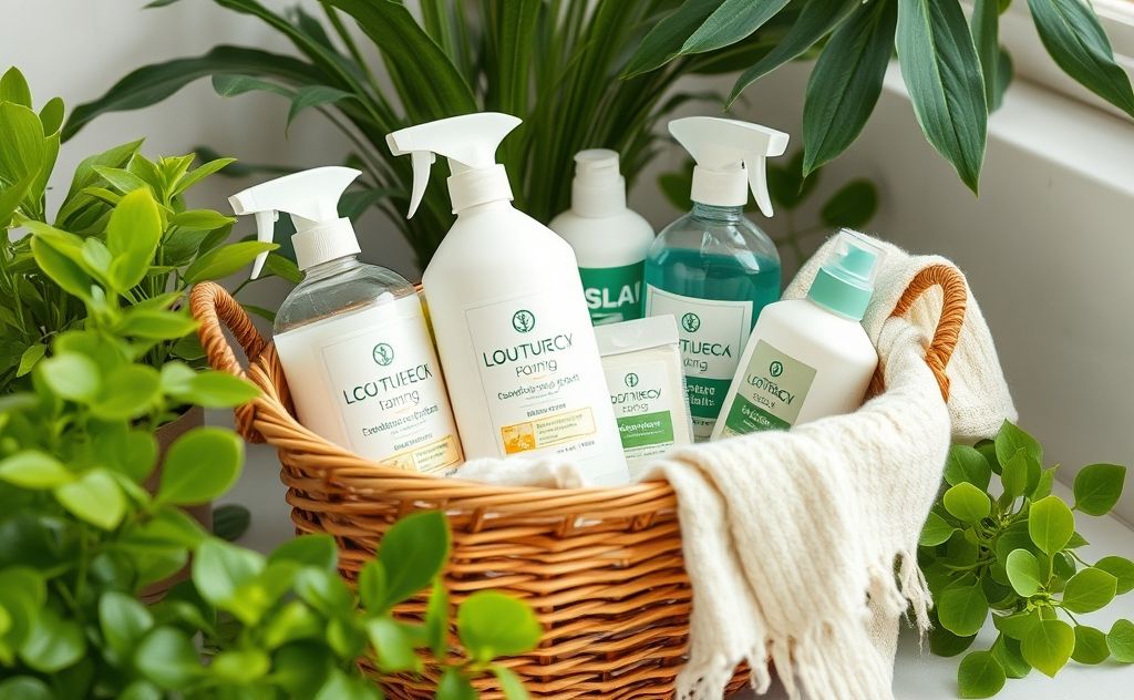 A basket of eco-friendly laundry products surrounded by green plants.