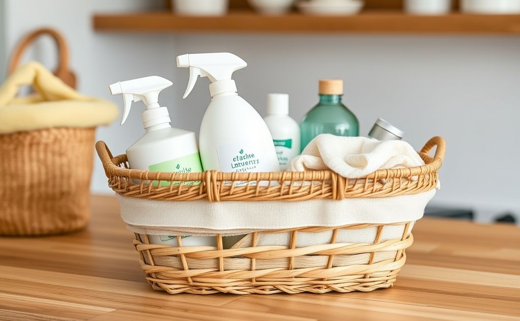 A basket of eco-friendly laundry supplies on a wooden countertop.