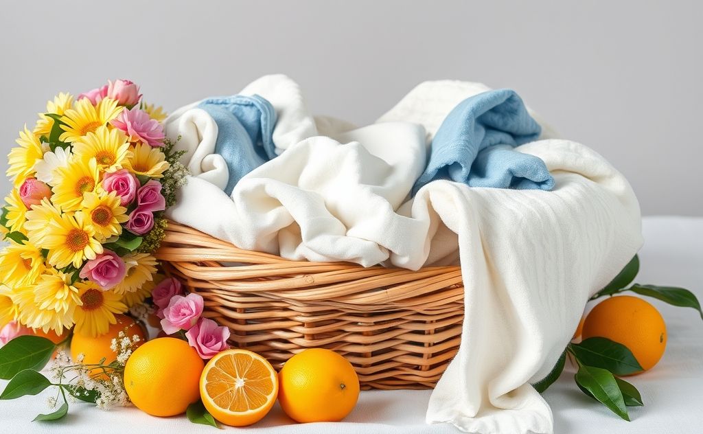 A basket of fresh laundry surrounded by flowers and citrus fruits.