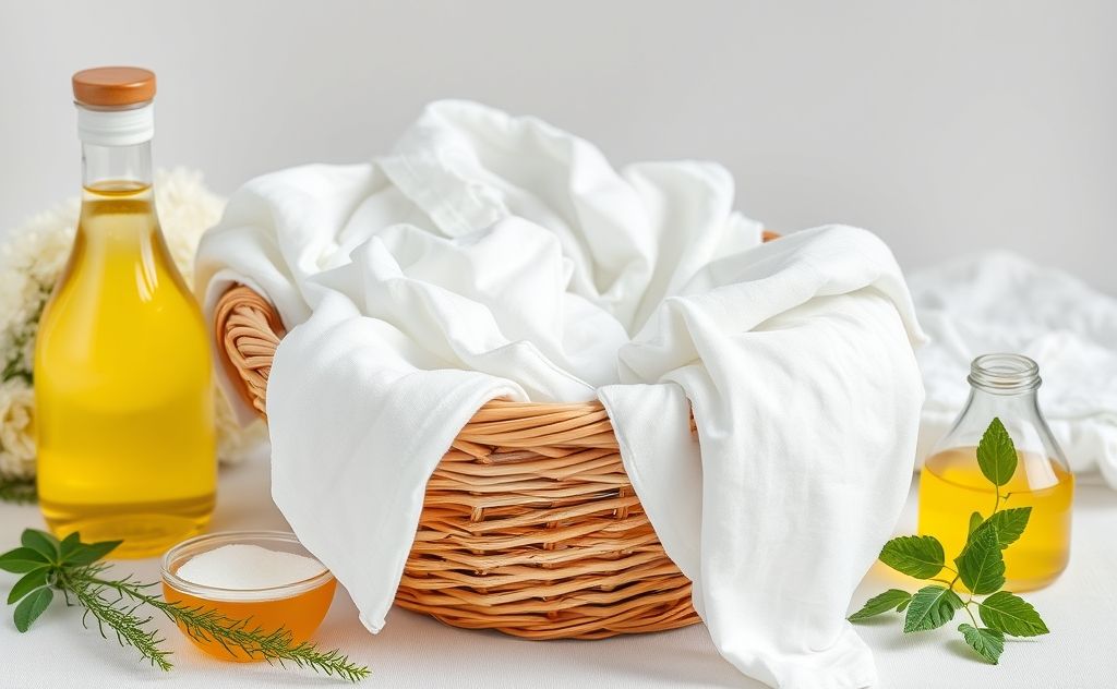 A basket of fresh white clothes surrounded by natural cleaning ingredients.