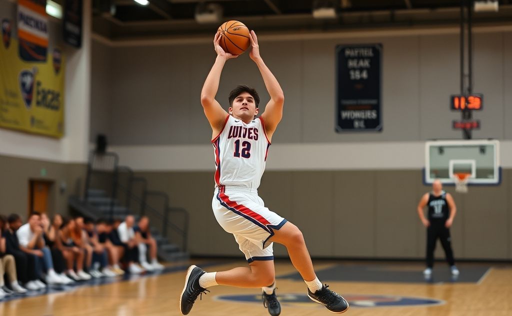 A basketball player shooting a ball in a dynamic offensive move.