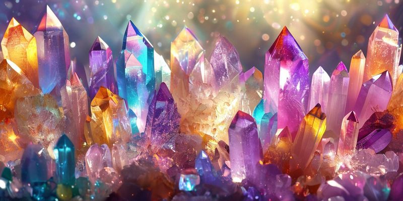 A beautiful collection of colorful crystals arranged in a mystical setting with soft, glowing light.