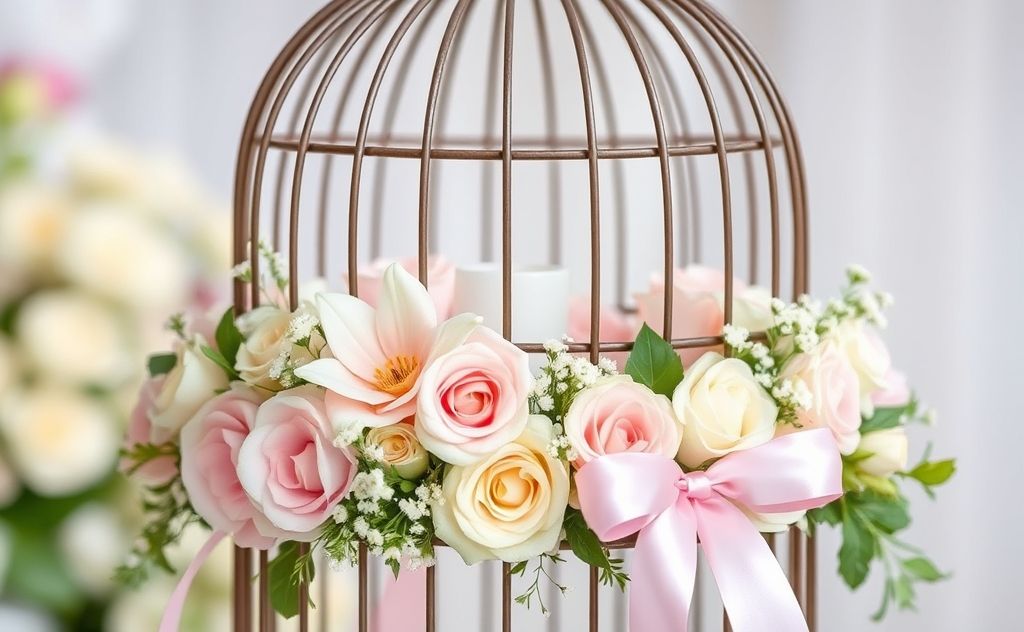 A beautifully adorned birdcage with flowers and ribbons for a wedding.