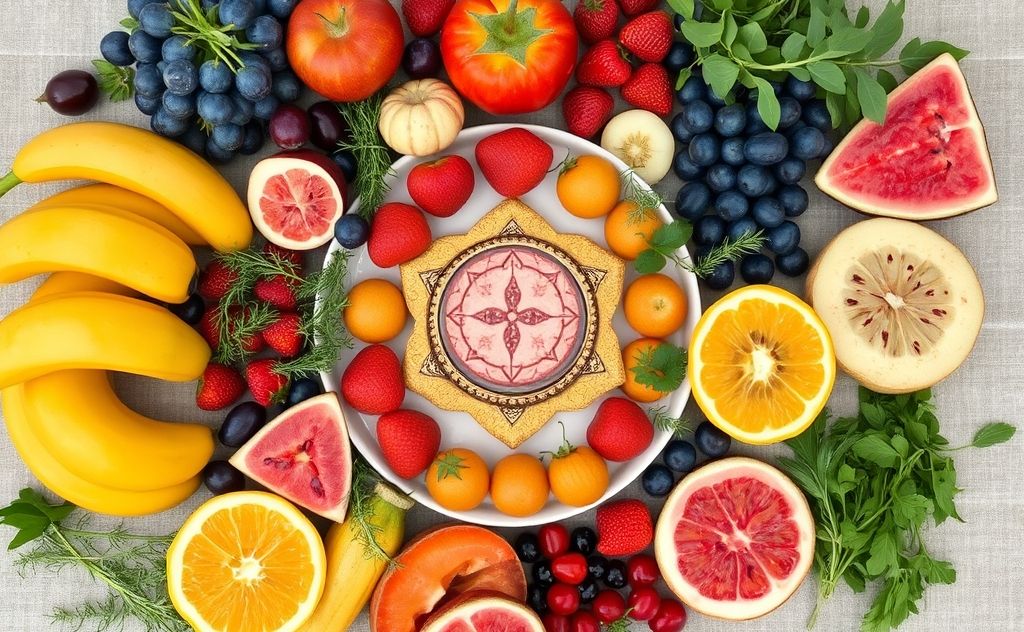 A beautifully arranged sacred meal featuring vibrant fruits and herbs.