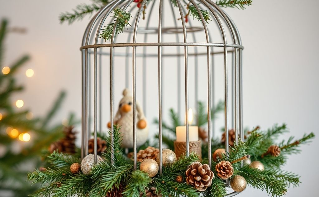 A beautifully decorated birdcage adorned with natural Christmas elements.
