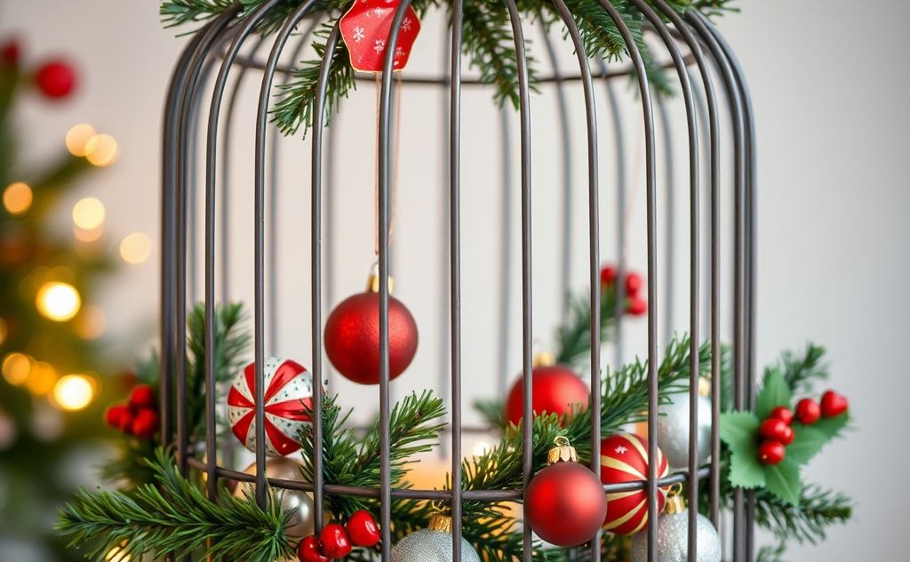 A beautifully decorated birdcage with festive Christmas ornaments.