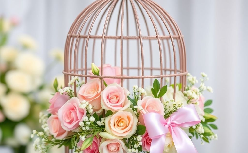 A beautifully decorated birdcage with flowers and ribbons for a wedding.