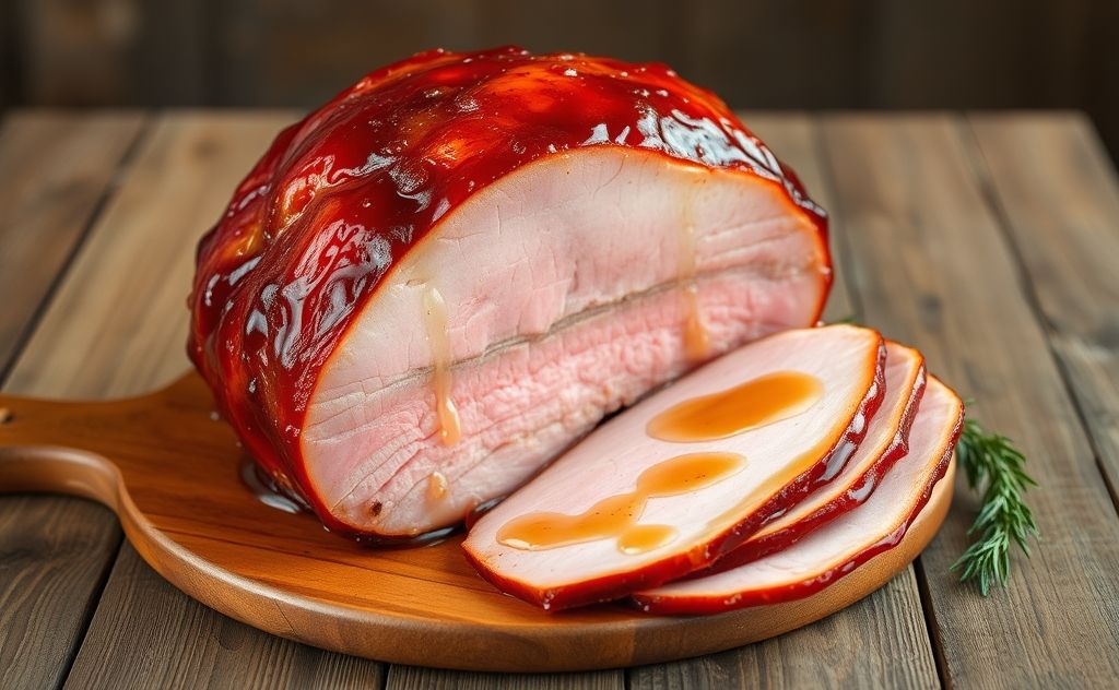 A beautifully glazed honey baked ham on a rustic wooden table.