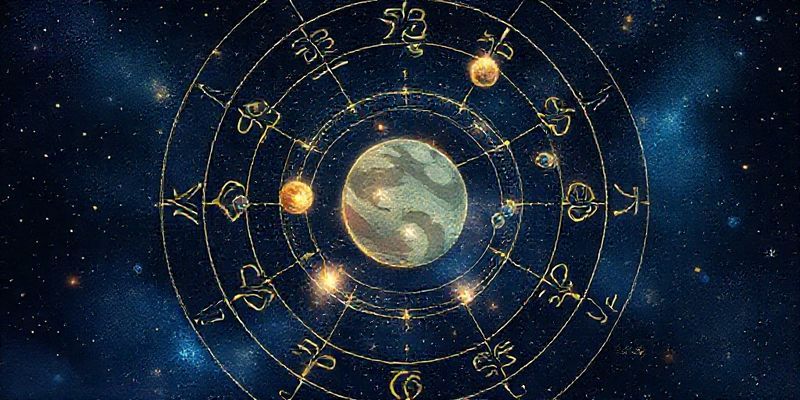 Gezegenleri ve burçları gösteren, uyumlu görünümleri temsil eden parlayan çizgilerle birbirine bağlanmış, güzelce çizilmiş bir astroloji haritası.