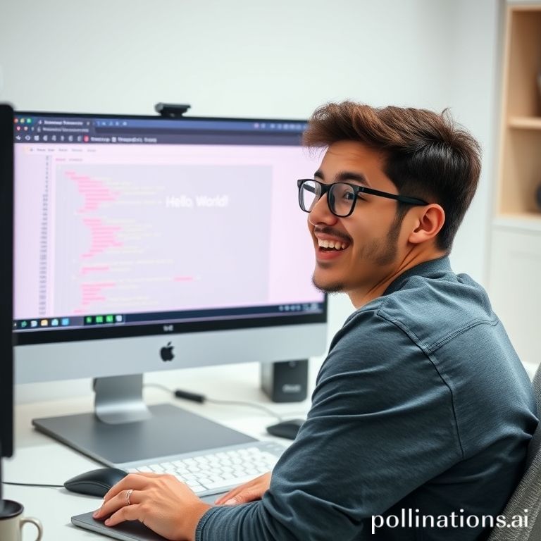 A beginner programmer (male or female, diverse) looking excitedly at a computer screen displaying 
