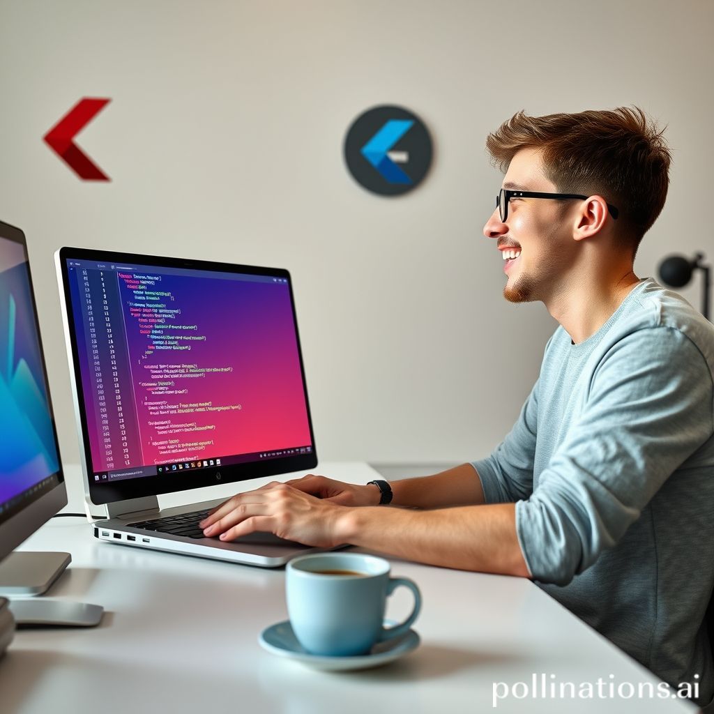 A beginner programmer excitedly looking at a screen displaying Flutter code with a beautifully designed UI. The screen shows a clean, modern mobile app layout with colorful elements and well-aligned text. The programmer has a laptop and a cup of coffee, surrounded by a subtle aura of creativity and learning. The background is a minimalist office setting, with a hint of a Flutter logo or design elements.